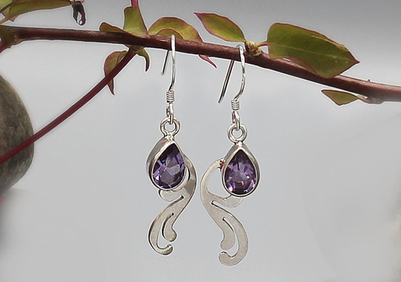 Amethyst Leaf Design Sterling Silver Earrings - nepacrafts