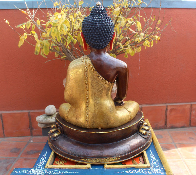 Partly Gold Plated Shakyamuni Buddha Statue in Monastic Robe With Floral Motifs