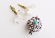 Turquoise Inlay Oval Shape Tibetan Silver Sterling Filigree Pendant - nepacrafts