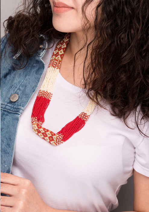 Shining Red White Glass Beaded Layered Necklace