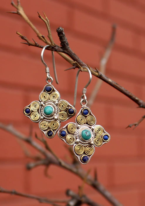 Tibetan Double Dorjee Silver Earrings Inlaid Turquoise and Lapis - nepacrafts