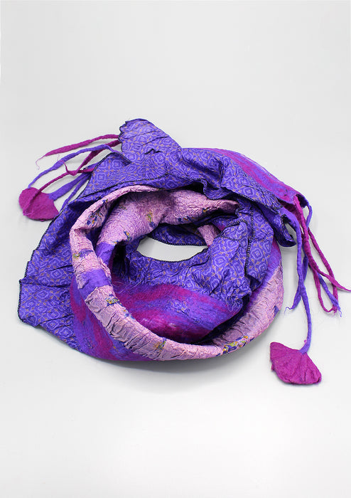 Purple Floral Felt Wool Scarf with Silk Border