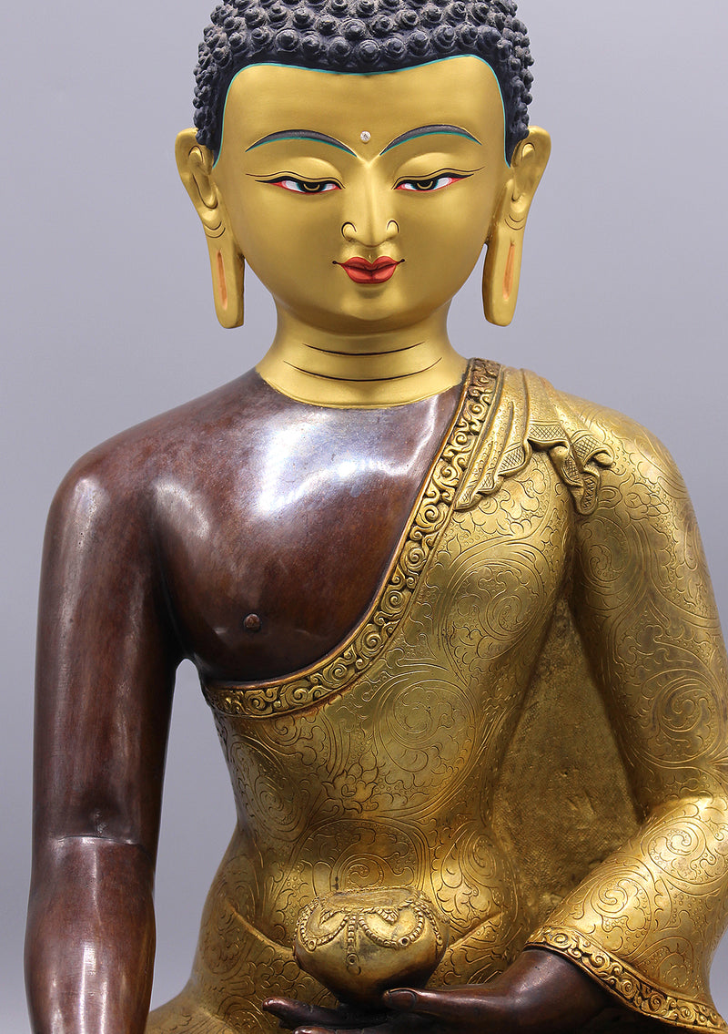 Partly Gold Plated Shakyamuni Buddha Statue in Monastic Robe With Floral Motifs