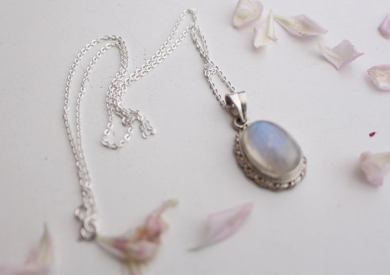 Elegant Blue Moonstone Pendant with Silver Chain 925 Silver Sterling - nepacrafts