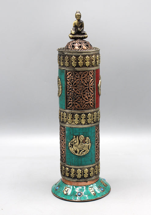 Cylindrical Turquoise and Coral inlaid Copper Incense Holder