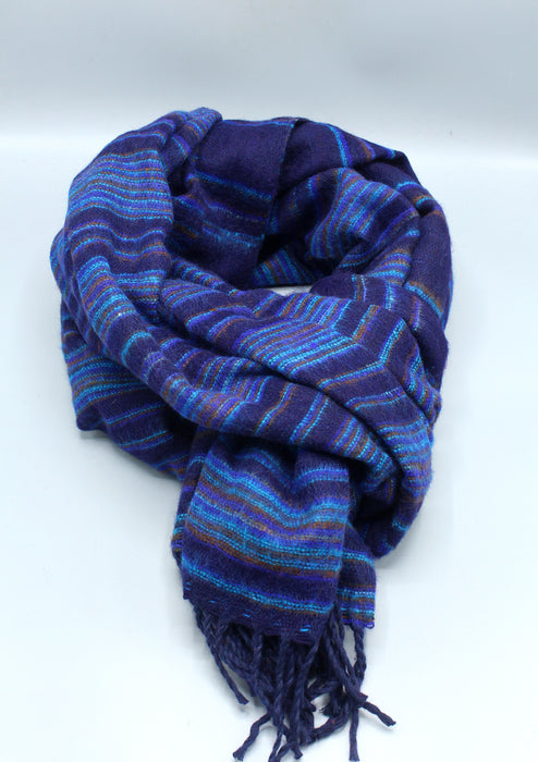 Deep Blue and Turquoise Striped Large Yak Wool Shawl