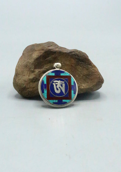 Sterling Silver Tibetan OM Pendant with Turquoise, Lapis and Coral resin