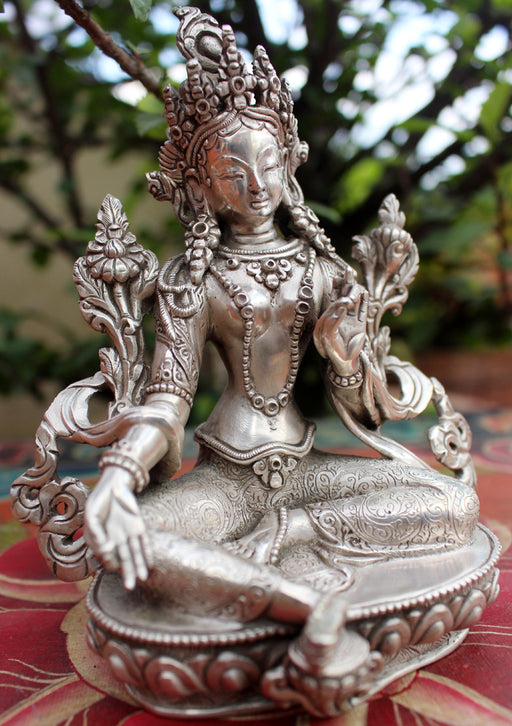 925 Sterling Silver Majestic Green Tara Statue 5.5" - nepacrafts
