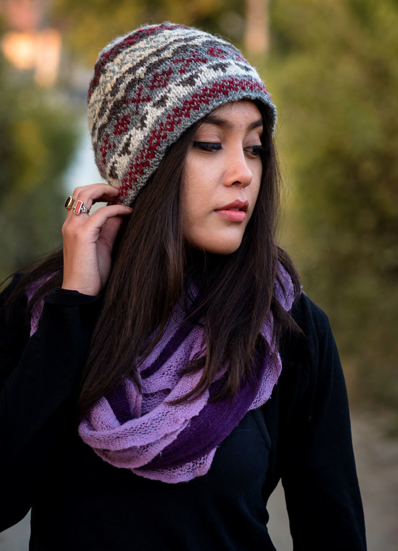 Gray Red Multicolor Pure Wool Sherpa Cap