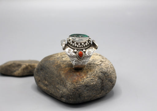 Turquoise Inlaid Sterling Silver Chunky Finger Ring - nepacrafts