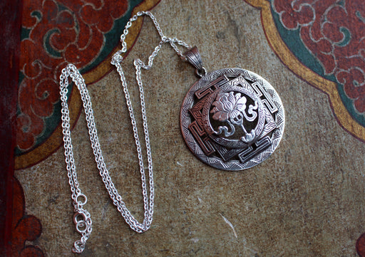 Silver Sterling Lucky Symbol Lotus Mandala Pendant - nepacrafts