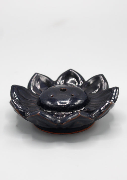 Glossy Black Ceramic Incense Holder in Flower Pattern - nepacrafts