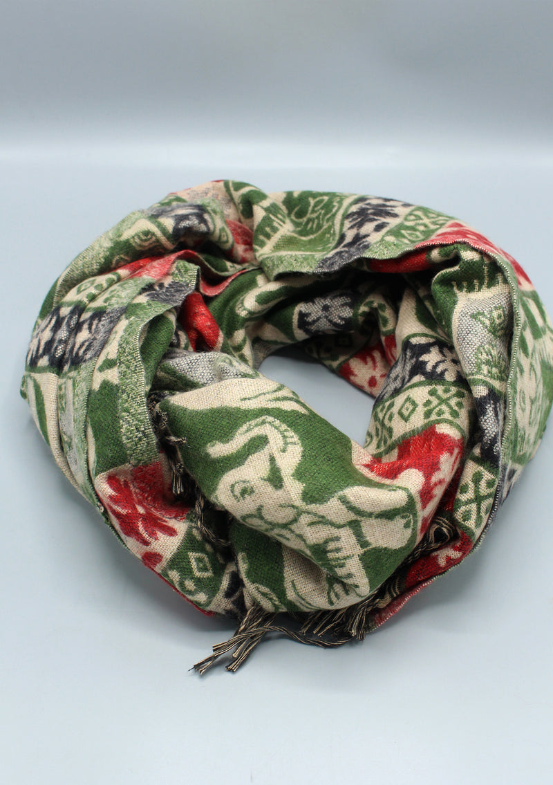 Green Elephant Design Multi Color Yak Wool Shawl