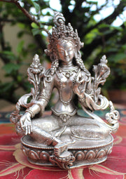 925 Sterling Silver Majestic Green Tara Statue 5.5" - nepacrafts