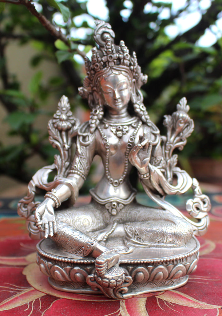 925 Sterling Silver Majestic Green Tara Statue 5.5" - nepacrafts