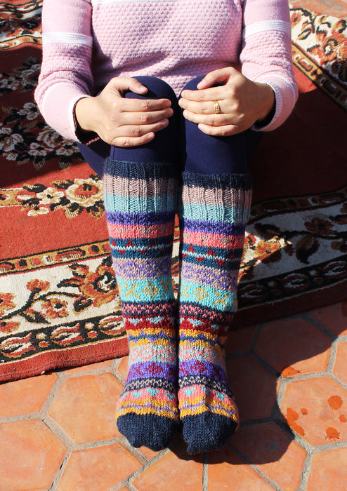 Dark Blue MultiColor Woolen Knee High Socks