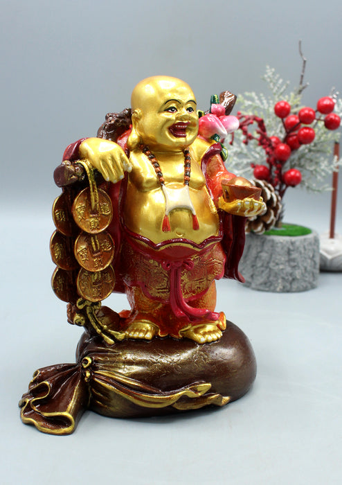 Gold Hand Painted Laughing Buddha Resin Statue 7 Inches