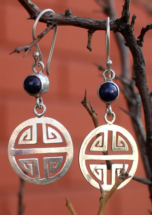 Round Lapis Inlaid Silver Sterling Drop Earrings - nepacrafts