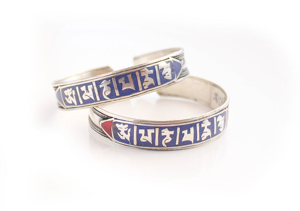 Tibetan Mantra Carved White Metal Bracelet - nepacrafts