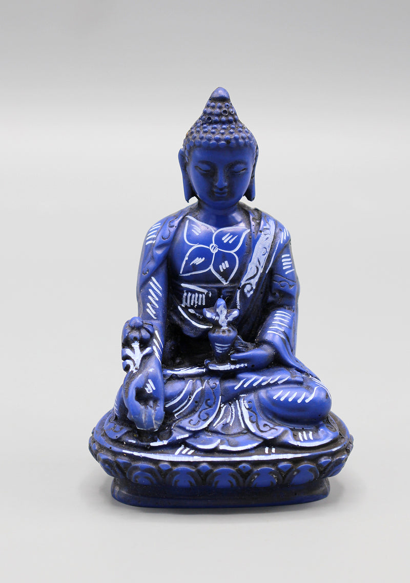 Flower Painted Blue Medicine Buddha Resin Statue