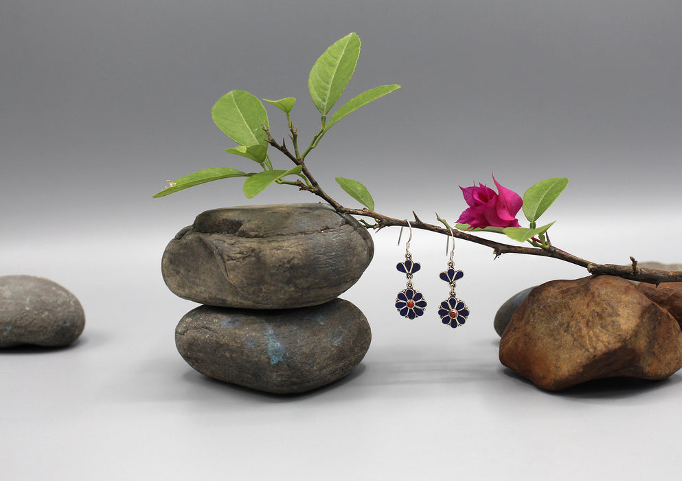 Lapis Flower Shaped Sterling Silver Earrings - nepacrafts