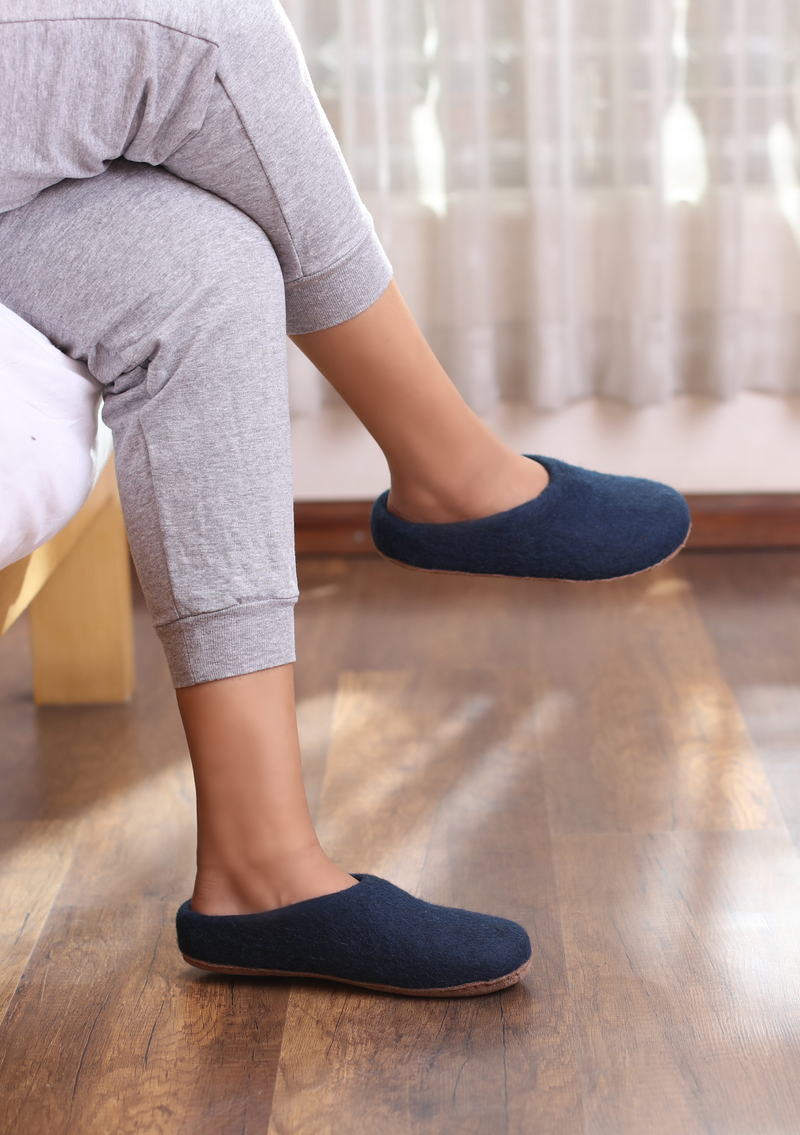 Handmade Dark Blue Premium Classic Felt Slippers