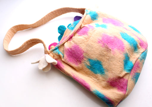 Pink, Blue and Purple Flower Adorned Felt Carry Bag - nepacrafts