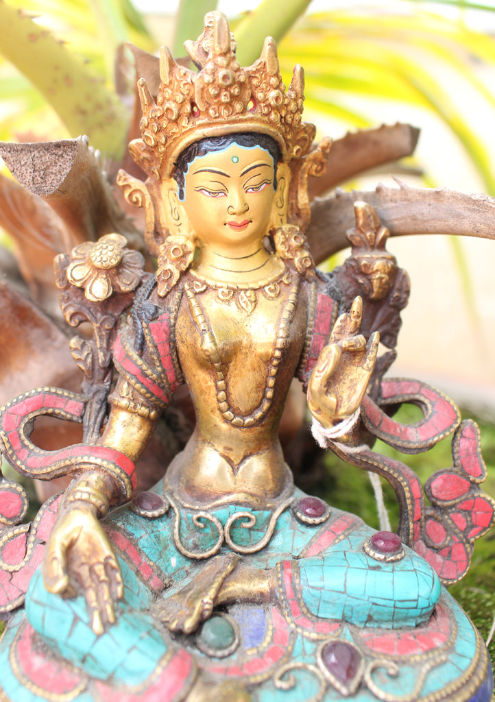 6" High Glowing Green Tara Statue with Inlaid Turquoise - nepacrafts