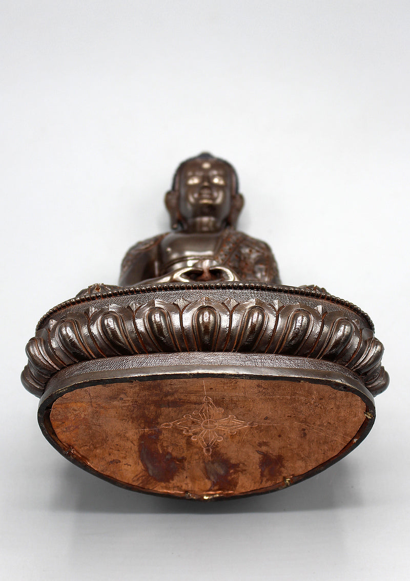 Amitabha Buddha Copper Oxidized Statue Fully Carved Floral Motifs
