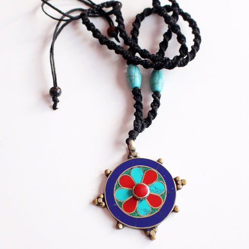 Tibetan White Metal Flower Inlaid Pendant - nepacrafts