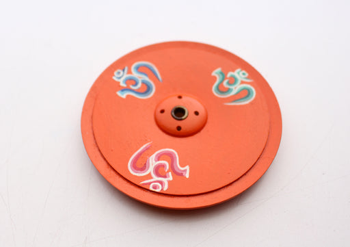 Om Painted Orange Round Wooden Incense Burner - nepacrafts