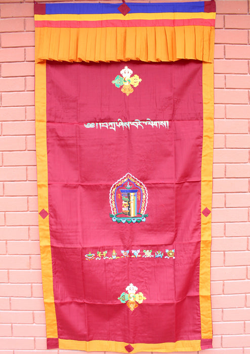 Cotton Wall Hanging Door Curtain Embroidered with Tibetan Kalachakra - nepacrafts