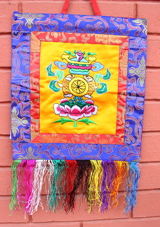Hand Embroidered Tashi Tagye Auspicious Symbol Tibetan Wall Hanging Banner - nepacrafts