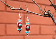 Floral Inlaid Turquoise and Coral Dangle Silver Earrings - nepacrafts