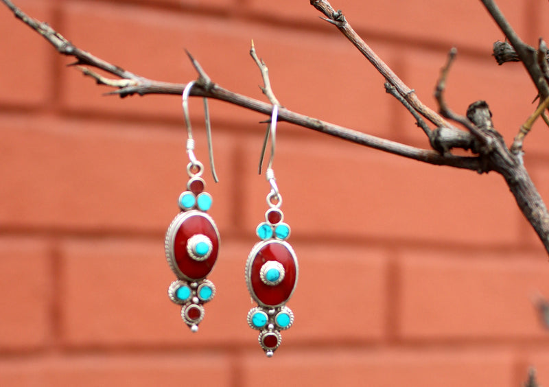 Floral Inlaid Turquoise and Coral Dangle Silver Earrings - nepacrafts