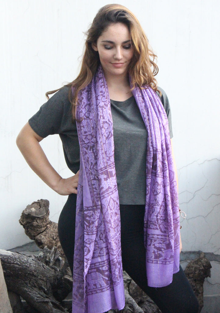 Purple Cotton Summer Scarf with Elephant and Deer Print From Nepal - nepacrafts
