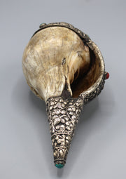 Zambala Kubera Carving Conch Shell with Turquoise and Coral Decoration - nepacrafts
