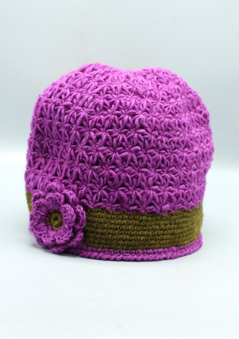 Beige Border Flower Attached Purple Warm & Soft Crocheted Woolen Beanie