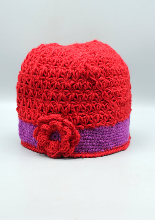 Purple Border Flower Attached Red Warm Crocheted Woolen Beanie