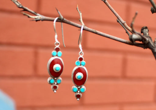Turquoise and Coral Inlaid Flower Drop Earrings - nepacrafts