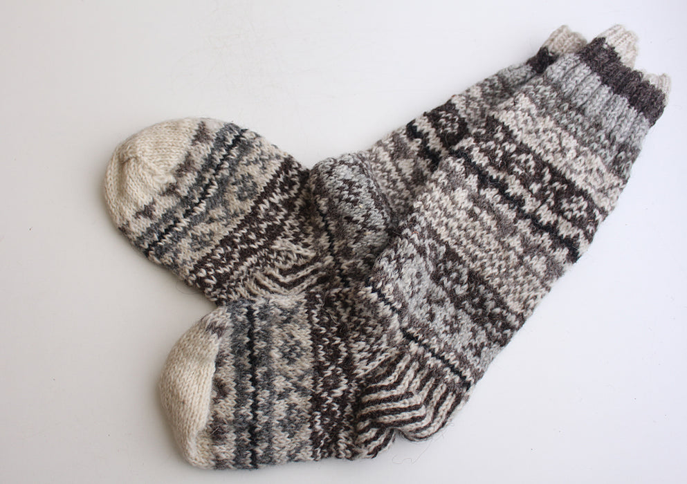 Grey and White Multicolored Pure Woolen Knee High Socks - nepacrafts