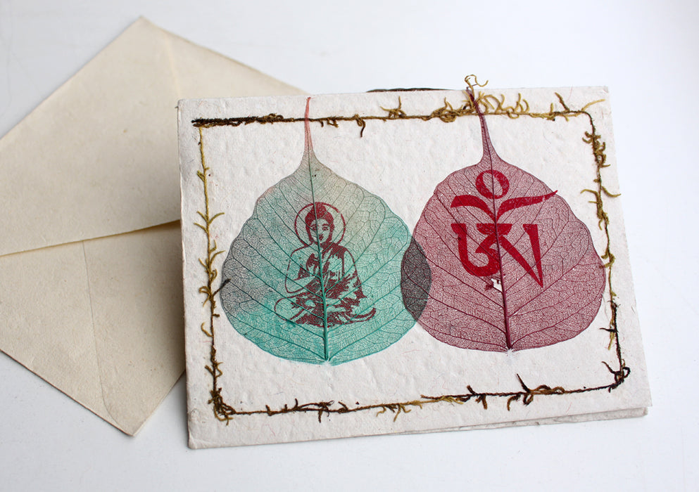 Tibetan Om and Buddha Painted on Bodhi Leaf Lokta Paper Greetings Card - nepacrafts