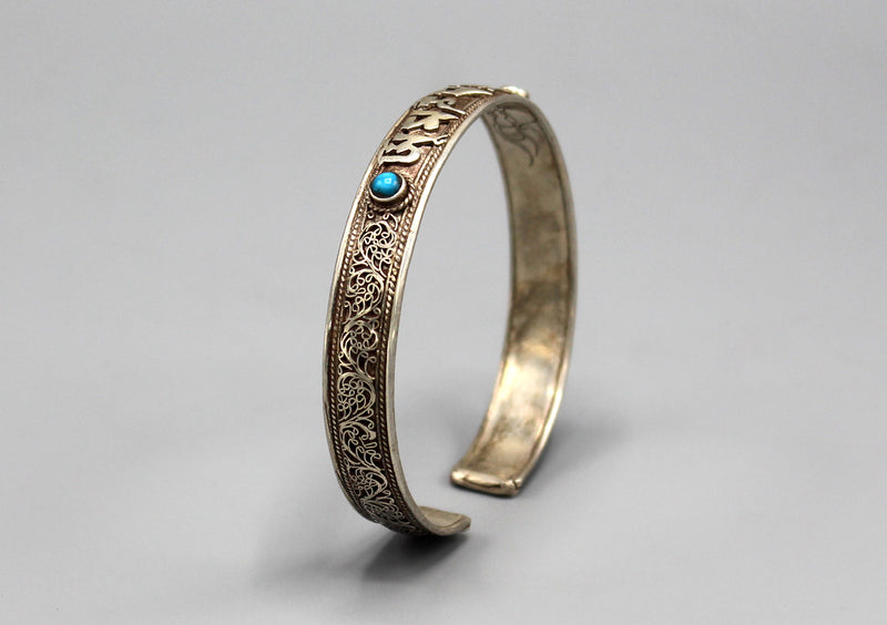 Tibetan Om Mani Carving Sterling Silver Bracelet - nepacrafts