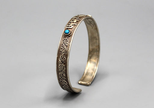 Tibetan Om Mani Carving Sterling Silver Bracelet - nepacrafts