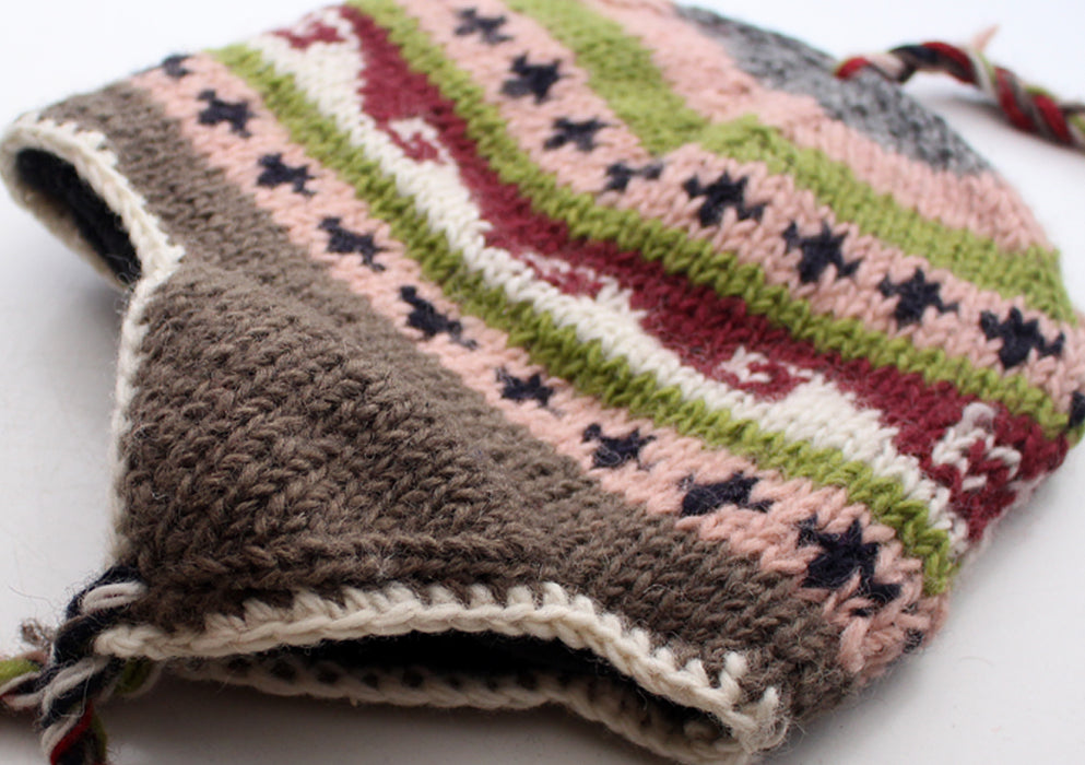 Pink Multicolor Ear Flap Warm Woolen Sherpa Cap - nepacrafts