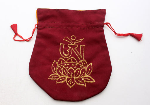 Cotton Mala Bag Embroidered with Tibetan Om and Lotus - nepacrafts