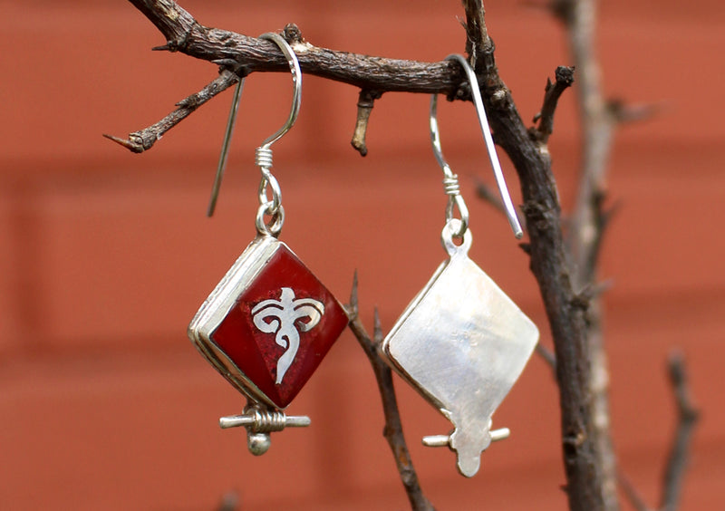 Square Shaped Coral Inlaid Buddha Eyes Silver Earrings - nepacrafts