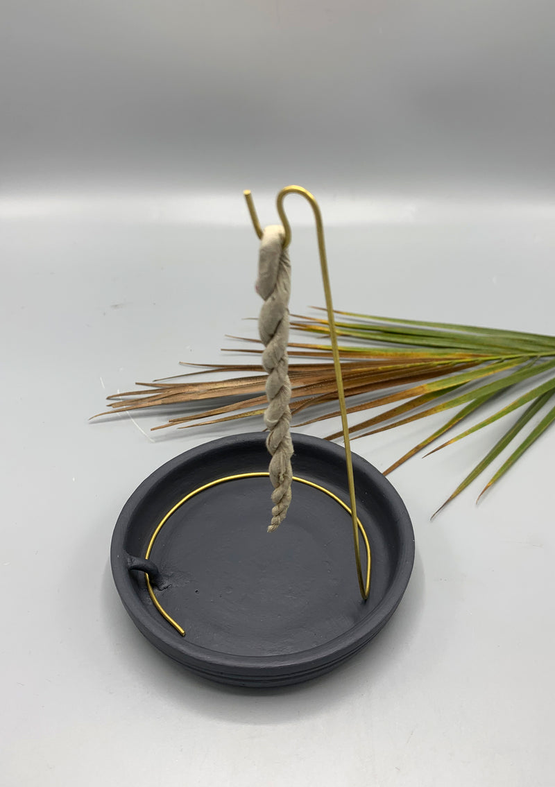 Black Ceramic Base Plate and Brass Stand for Rope Incense