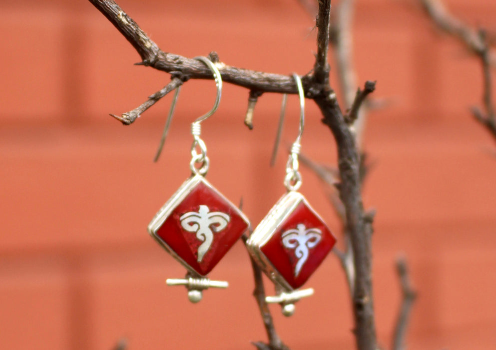Square Shaped Coral Inlaid Buddha Eyes Silver Earrings - nepacrafts
