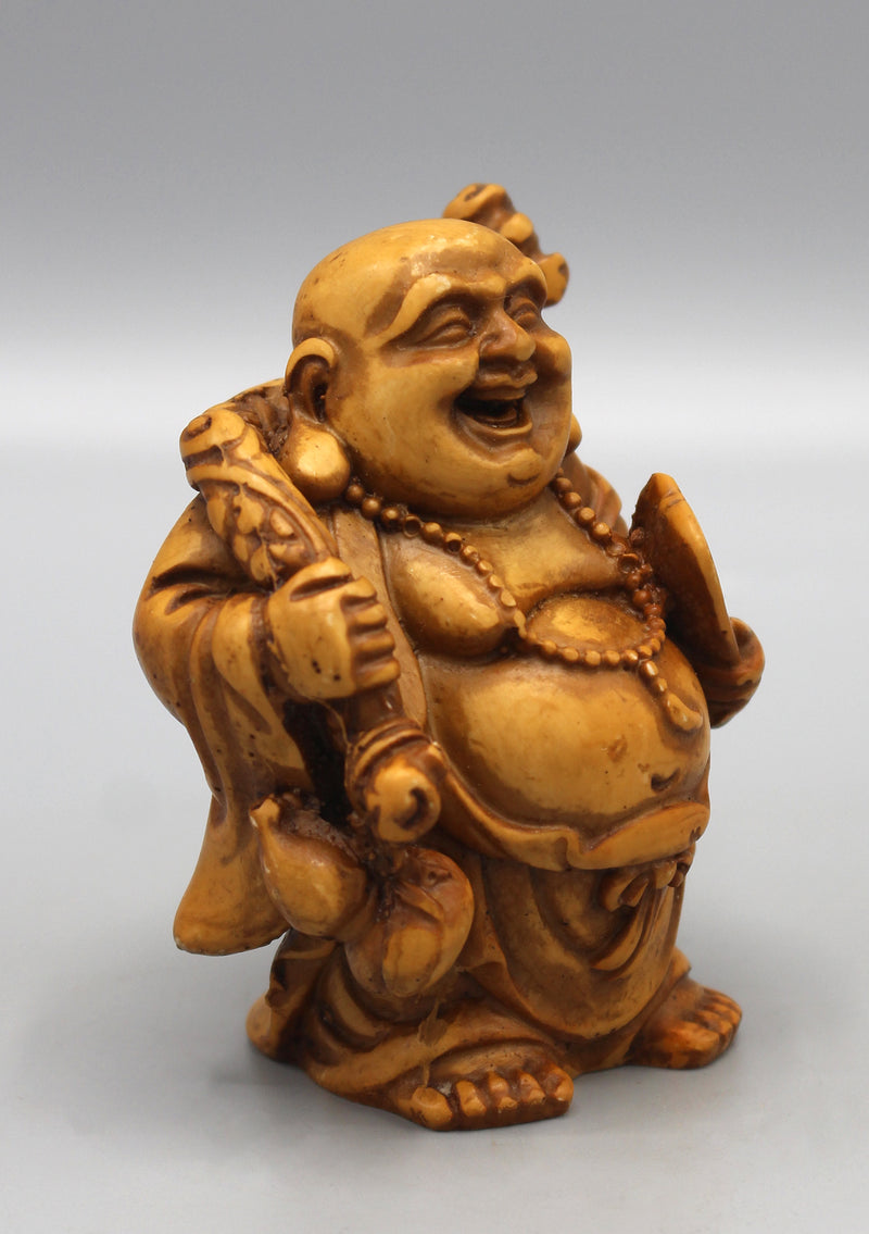 Brown Laughing Buddha with Fan Resin Statue - nepacrafts